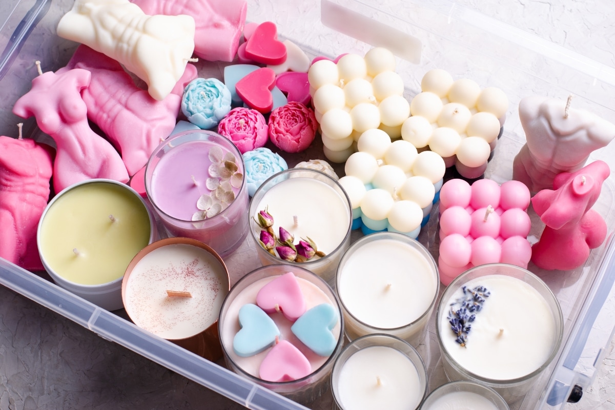 A variety of soy and beeswax candles designed for wax play