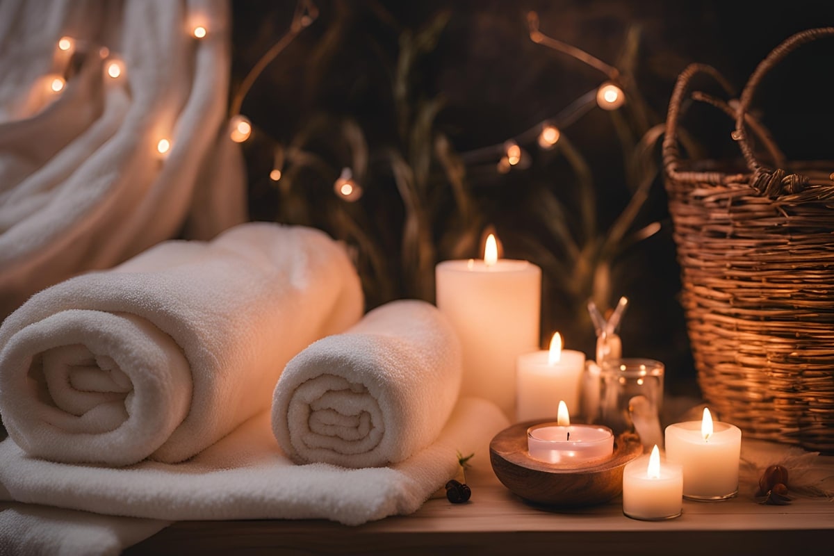 Prepared wax play scene with towels, candles, and soft lighting.